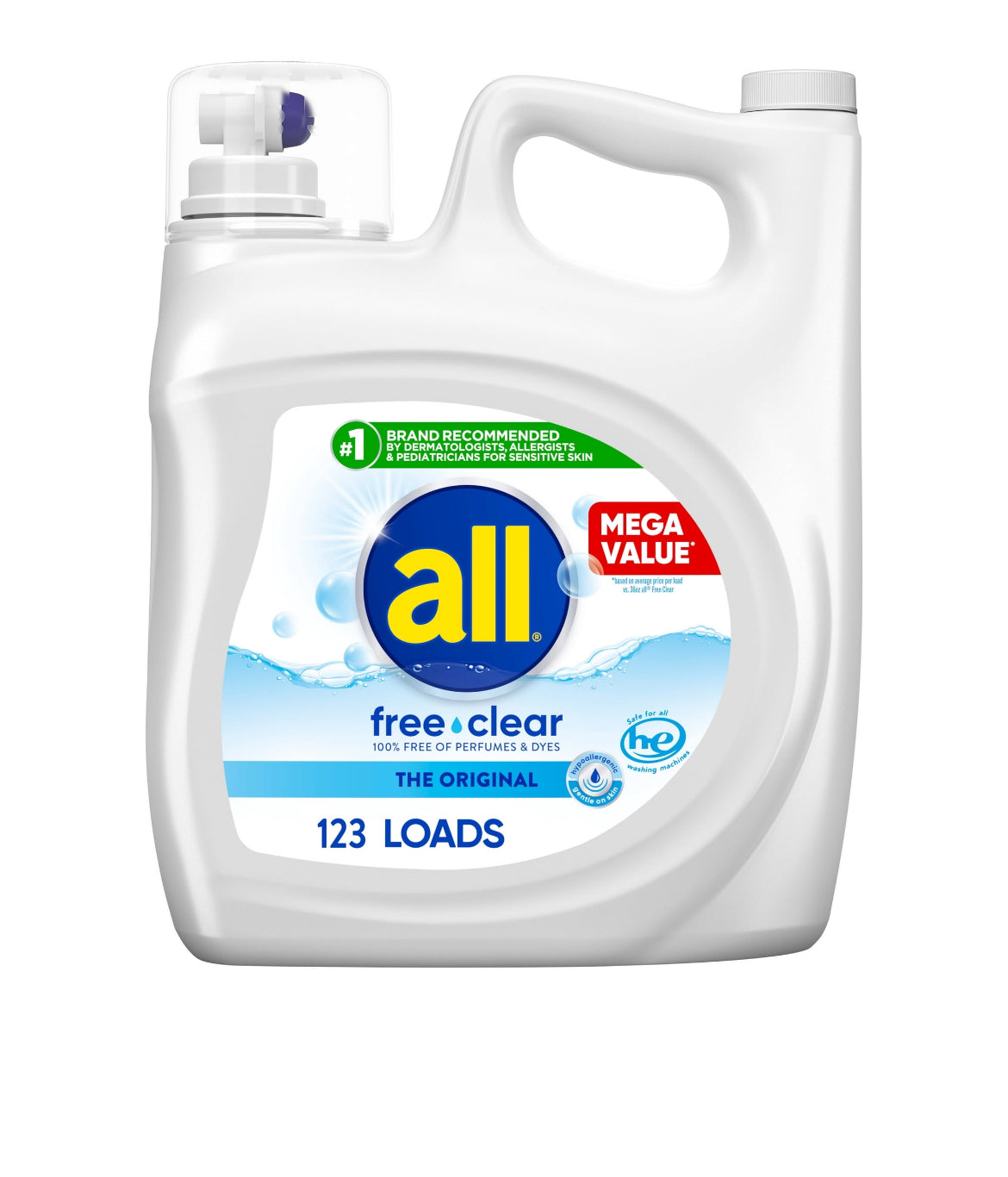 all Liquid Laundry Detergent, Free Clear for Sensitive Skin, 184.5 Ounce, 123 Loads • ($20v)